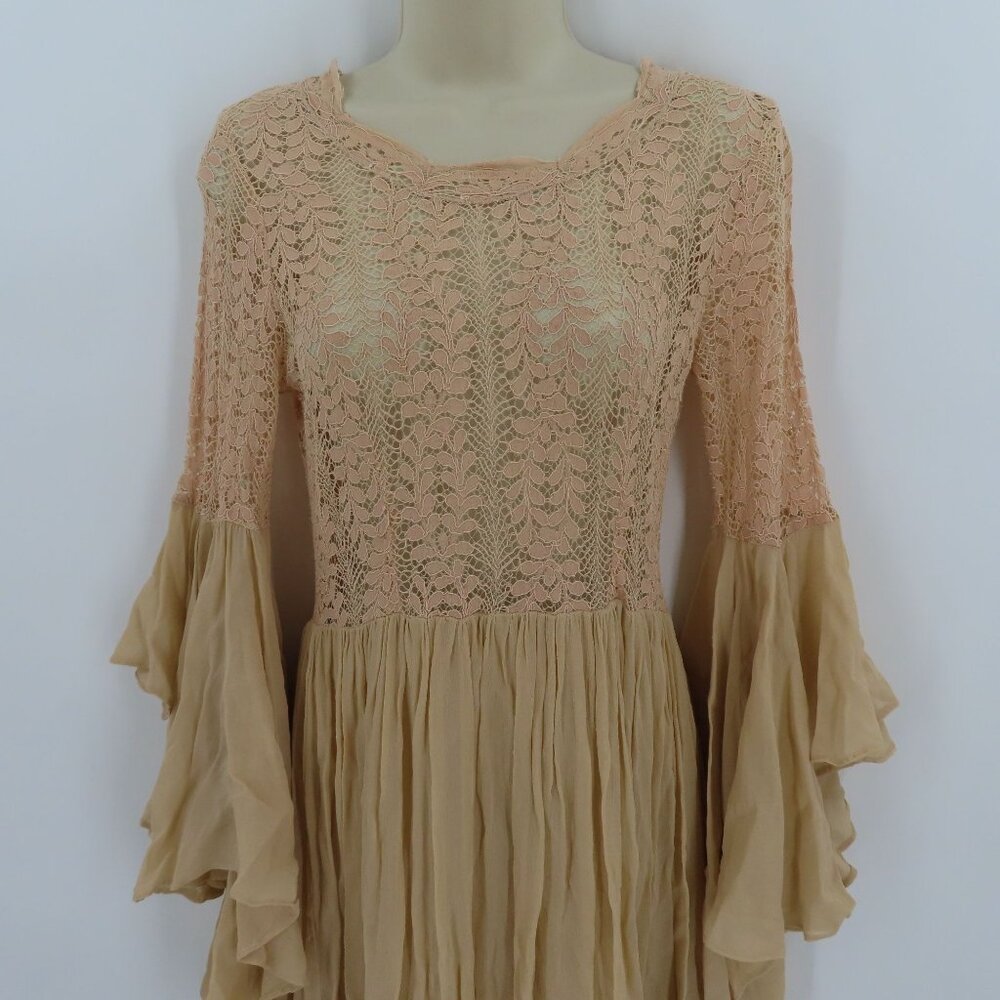ByTimo Womens Small Beige Sheer Lace Long Sleeve Flowy Maxi Dress Boho Chic - Picture 2 of 12